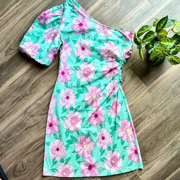 NWT GB Gianni Bini One Shoulder Floral Mini Dress Aqua Pink Side Cut Out  Size L - Picture 13 of 13